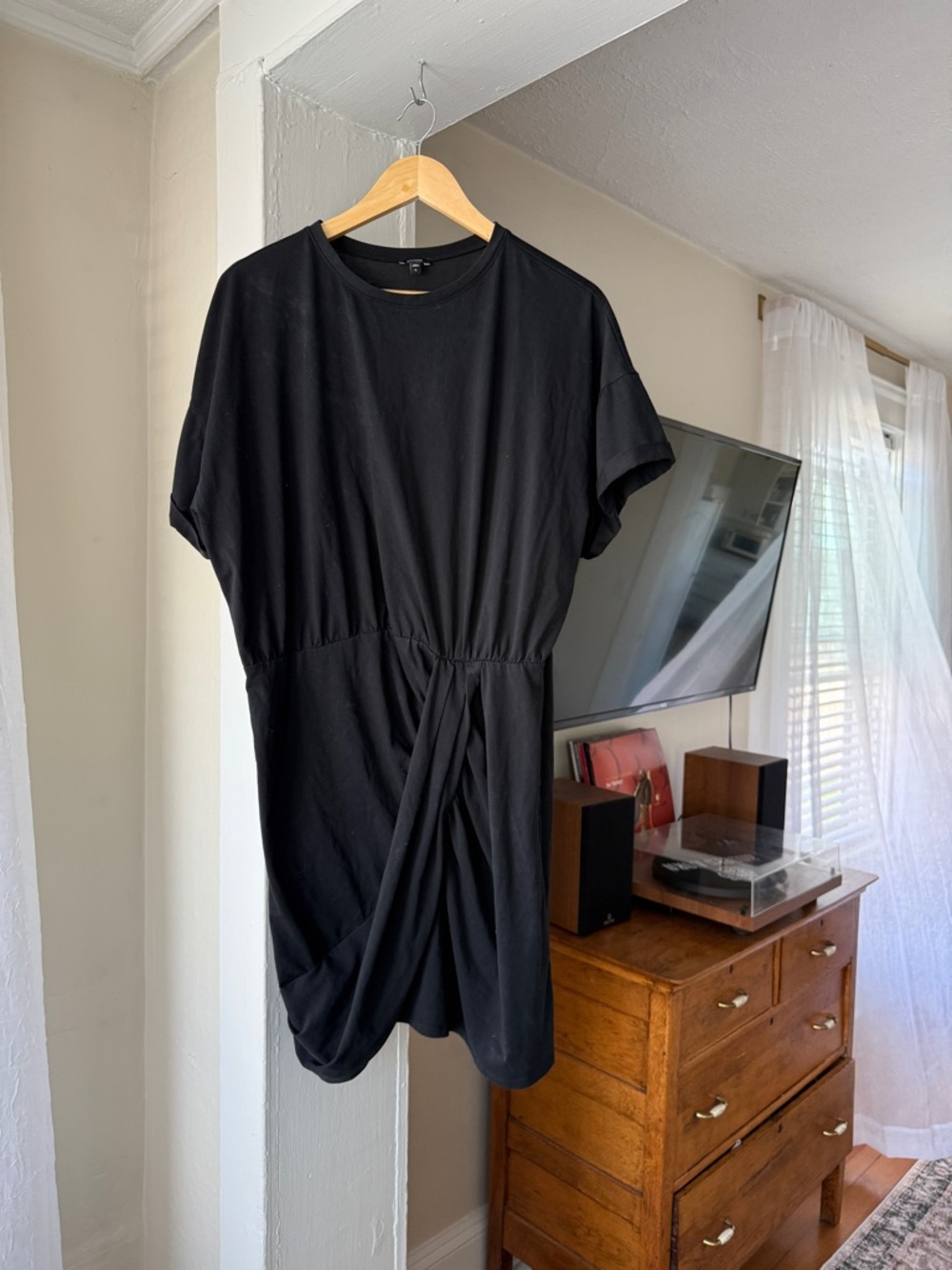 Express Black Ruched Mini Dress – Size XL – Twist Front Detail